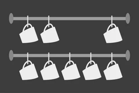 A set of white mugs hanging on the railing, hanging dry dishes. Isolated on g Stock Illustration