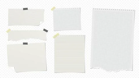 Set of white note, notebook paper are on grey transparent background for text or Illustrazione stock