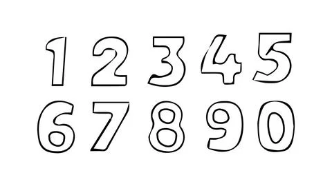 Set of white numbers with black outlines handwritten in ink, uneven numbers Stock Illustration