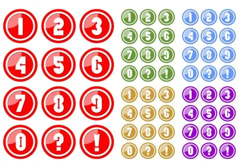 Set of white numbers in circle button includes five color variants, red, gree Stock Illustration