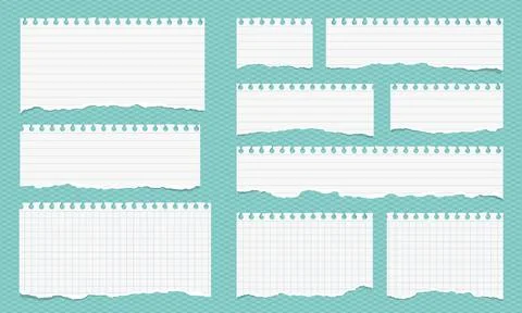 Set of white paper strips, lined, math notebook sheets and hard shadow are on Stock Illustration