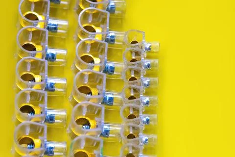 Set of white plastic electrical terminal block Stock Photos