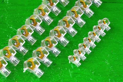 Set of white plastic electrical terminal block Stock Photos