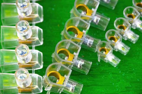 Set of white plastic electrical terminal block Stock Photos