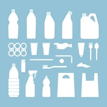 Set of white plastic objects on blue background. Silhouette of plastic garbag Stock Illustration