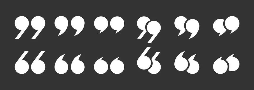 A set of white quotation mark icons on a dark background. Quotes, isolated Stock Illustration