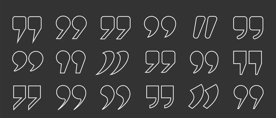 A set of white quotation mark outlines of different shapes on a gray background. Stock Illustration