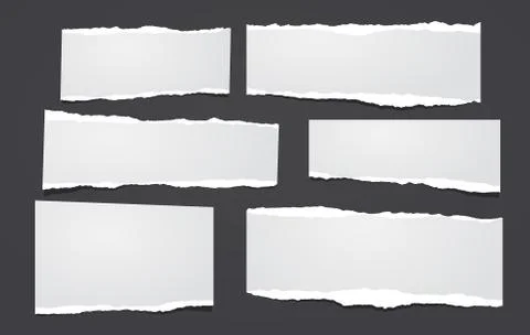 Set of white ripped notebook paper, torn note paper strips stuck on black Stock Illustration