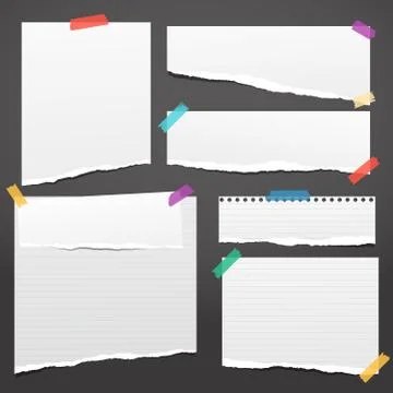 Set of white ripped notebook paper, torn note paper strips stuck with colorful Stock Illustration