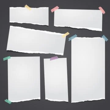 Set of white ripped notebook paper, torn note paper strips stuck with colorful Stock Illustration