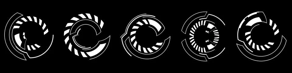 Set of white round vector HUD icons on wide black background. Futuristic cyber Stock Illustration