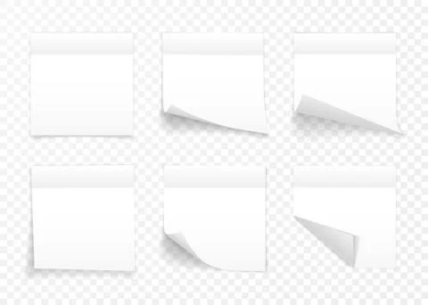 Set of white sheets of note paper isolated on transparent background. Sticky  Stock Illustration