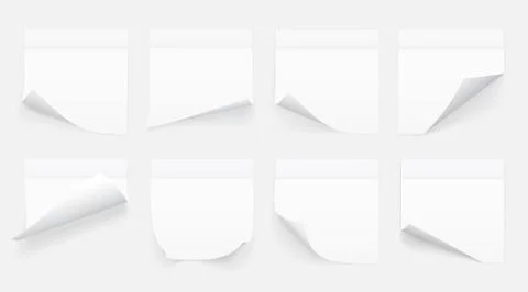 Set of white sheets of note paper isolated on transparent background. Sticky  Stock Illustration