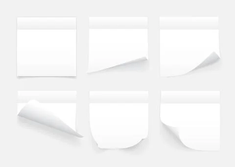 Set of white sheets of note paper isolated on transparent background. Sticky  Stock Illustration