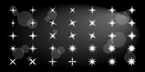 Set of white silver shiny vector objects, design elements, star and sparkles Illustrazione stock