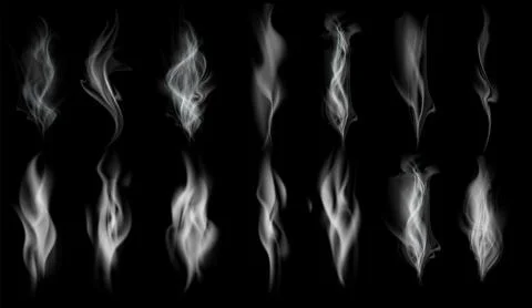 Set of white smoke texture. Pattern isolated on black background Stock Illustration