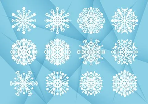 Set of white snowflakes, on a gradient blue background, vector illustrations. Stock Illustration