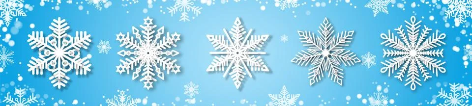 A set of white snowflakes with a paper effect and a shadow on a blue background. Stock Illustration