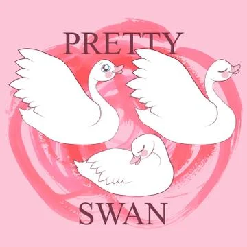 Set of white swans. Can be used for baby t-shirt print, fashion print design, Stock Illustration