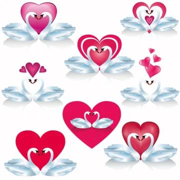 Set of white swans with hearts, vector Stock Illustration