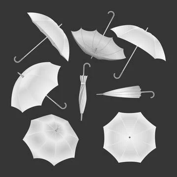 Set of white umbrella rain set collection isolated on black background with.. Stock Illustration