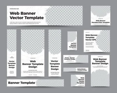 Set of white vector banners with round grunge insert for photo, brush stroke. Stock Illustration