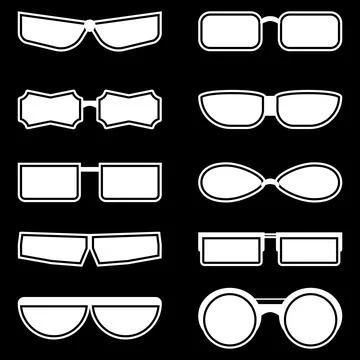 Set of white vector silhouettes of glasses on a black background.  Stock Illustration