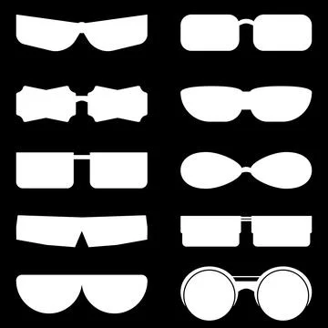 Set of white vector silhouettes of glasses on a black background. Stock Illustration