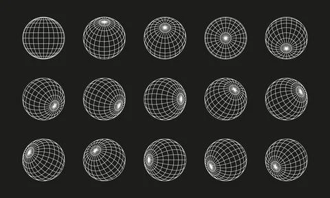 Set of white wireframe Globe spheres in multiple views. Stock Illustration