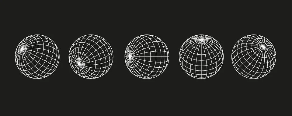 Set of white wireframe Globe spheres in multiple views. Stock Illustration