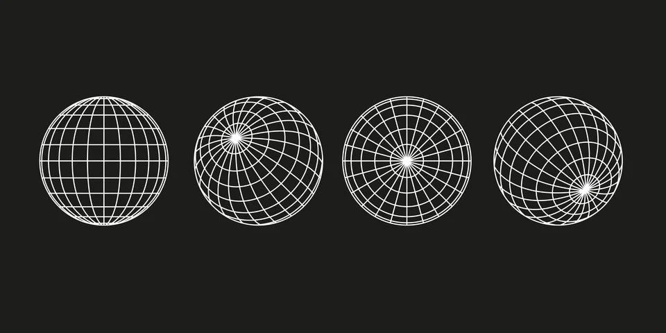 Set of white wireframe Globe spheres in multiple views. Stock Illustration