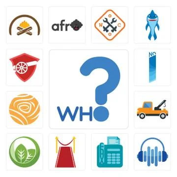 Set of who, audio visual, fax, carpet, leaf, tow truck, golden rose, no 1, ic Illustrazione stock gratuita