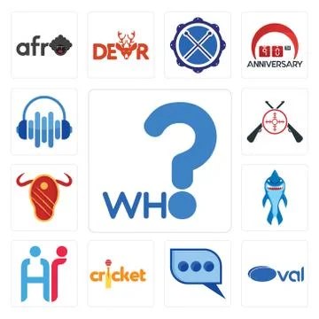 Set of who, oval, three dots, cricket, hr, shark mascot, steak house, shooter Free Stock Illustration
