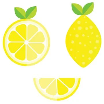 Set of whole, cut in half, sliced on pieces fresh lemons, leaves and flowers Stock Illustration