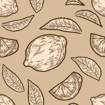 Set of whole lemon, slice and leaf. Seamless pattern. Sketch scratch board 스톡 일러스트