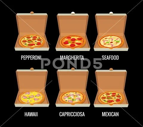 Set whole pizza in open white box. Pepperoni, Hawaiian, Margherita, Mexican.. Stock Illustration