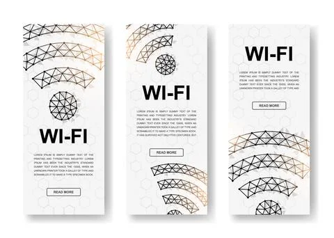 Set of Wi-Fi polygonal vertical banners. 3d internet zone low poly symbols with Stock Illustration