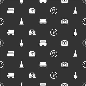 Set Wi-Fi wireless, Hotel service bell, room bed and Wireless laptop on seaml Stock Illustration