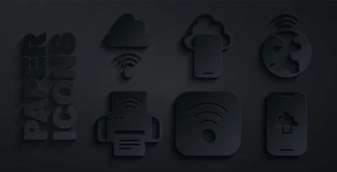 Set Wi-Fi wireless internet, Global technology, Smart printer system, Cloud data Illustrazione stock