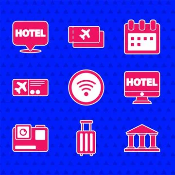 Set Wi-Fi wireless internet network, Suitcase, Museum building, Online hotel Ilustración de archivo