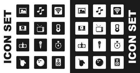 Set Wi-Fi wireless internet network, Retro tv, Online play video, Postal stamp Stock Illustration