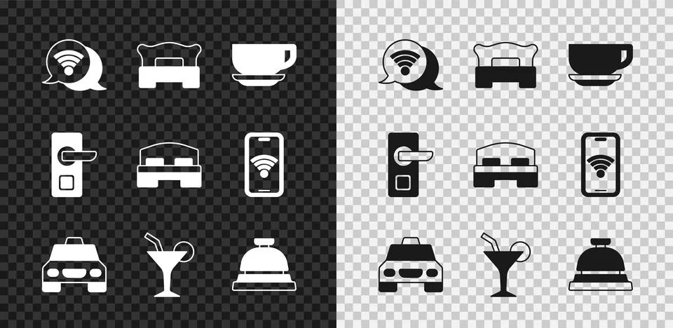 Set Wi-Fi wireless internet, Bedroom, Coffee cup, Taxi car, Cocktail, Hotel Ilustración de archivo