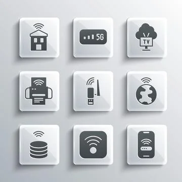 Set Wi-Fi wireless internet, Mobile with wi-fi, Global technology, Usb adapter Stock Illustration