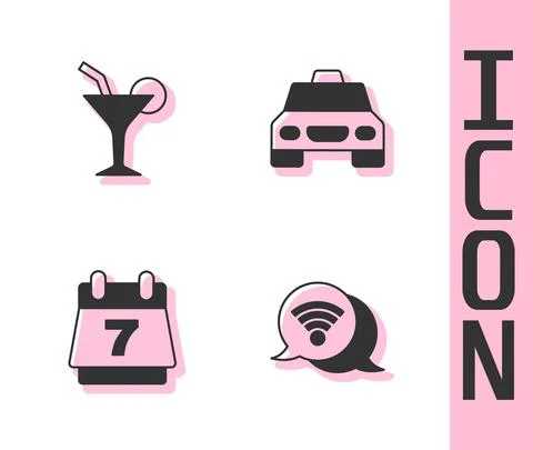 Set Wi-Fi wireless internet, Cocktail, Hotel booking calendar and Taxi car icon Ilustración de archivo