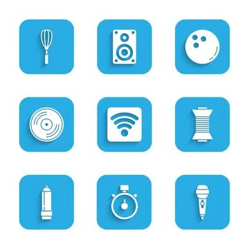 Set Wi-Fi wireless internet network, Stopwatch, Microphone, Sewing thread spool Stock Illustration