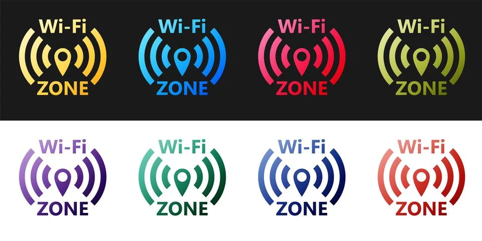 Set Wi-Fi wireless internet network symbol icon isolated on black and white Stock Illustration
