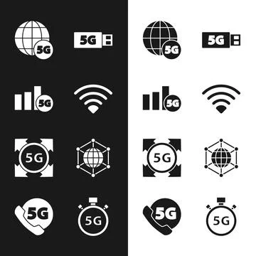 Set Wi-Fi wireless network, 5G, modem, Social, Digital speed meter and Phone Stock Illustration
