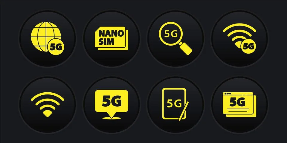 Set Wi-Fi wireless network, 5G, Location, Graphic tablet with, Search, Nano Sim Illustrazione stock