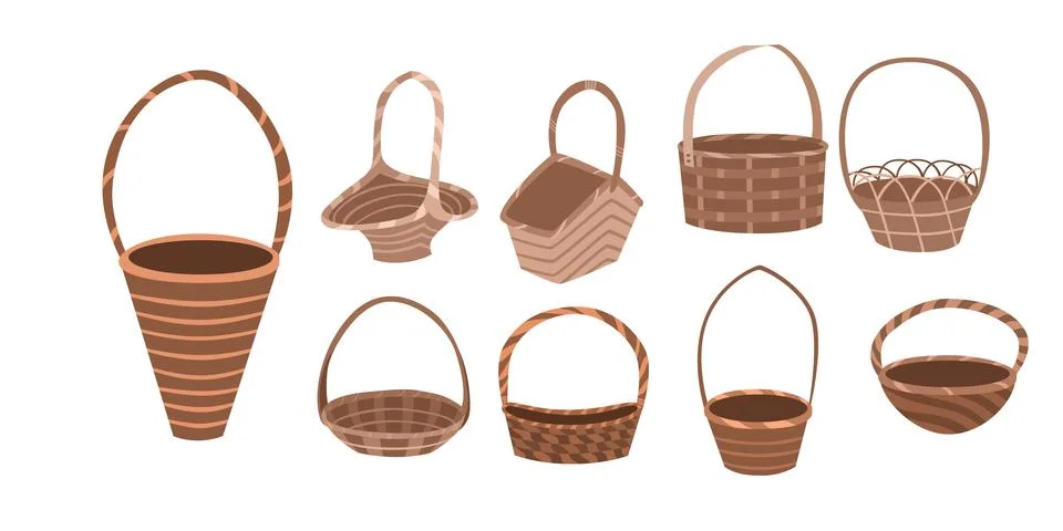 Set Wicker basket flat style. Stock Illustration