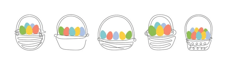 Set of wicker baskets with colorful Easter eggs. Continuous one line drawing. Stock Illustration